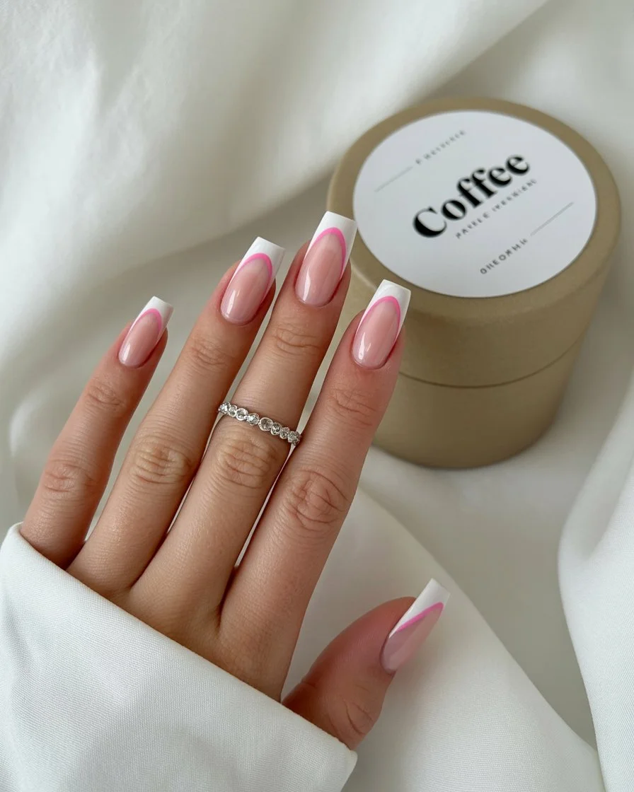 summer french tip nails 2026 White And Pink Double French Tips With Glam Summer Energy