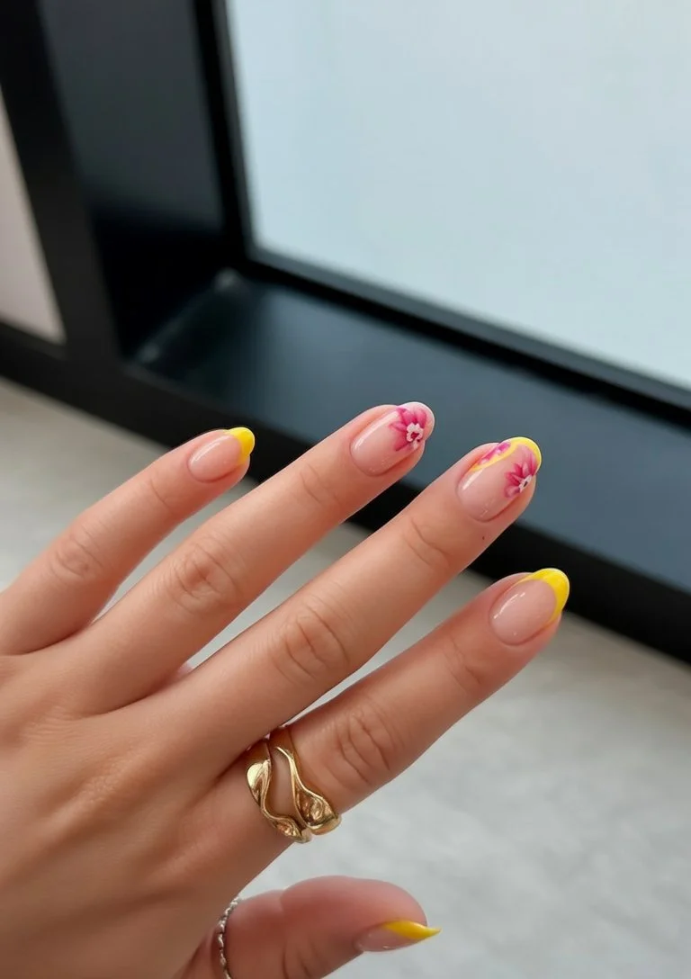 summer french tip nails 2026 Yellow Floral French Tips For Vacation Daydream Energy