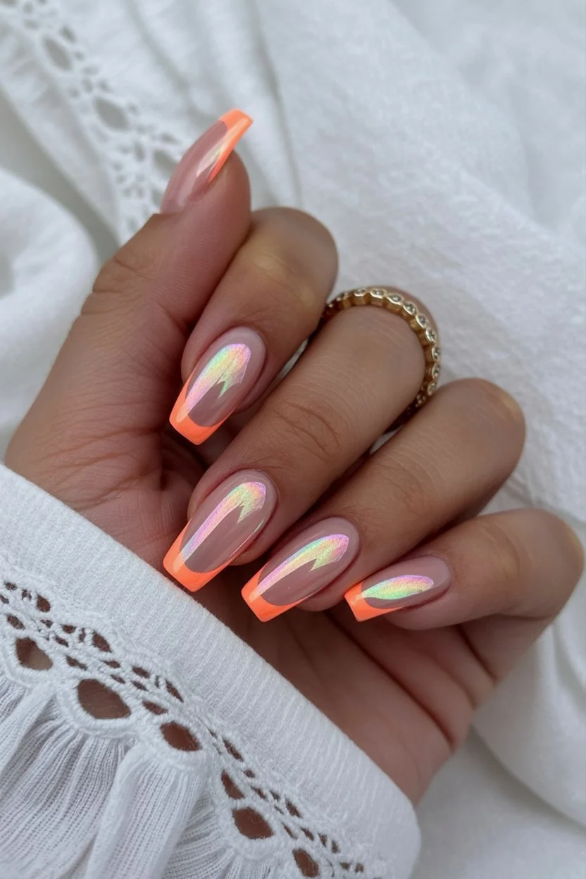 summer french tip nails 2026 Peach Chrome French Tips With Sunset Glow Vibes