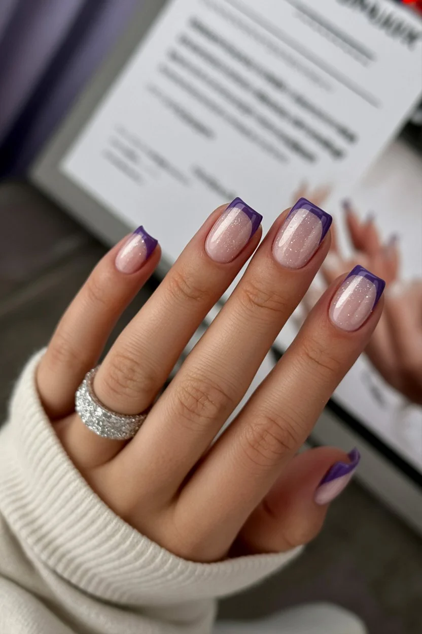 summer french tip nails 2026 Glossy Purple Tips For Cool Girl Summer Mood