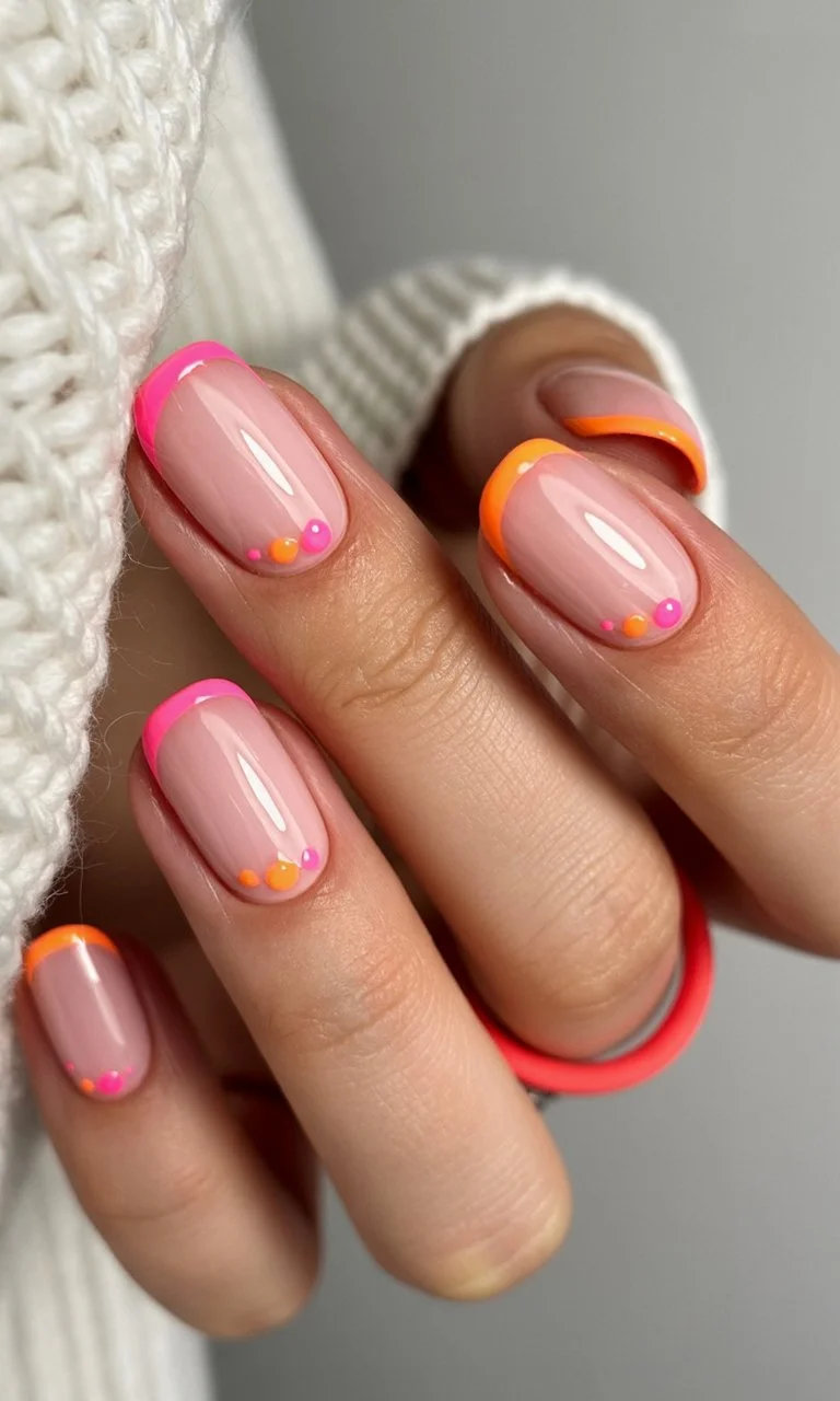 summer french tip nails 2026 Playful Neon Dots With Pink And Orange French Tips
