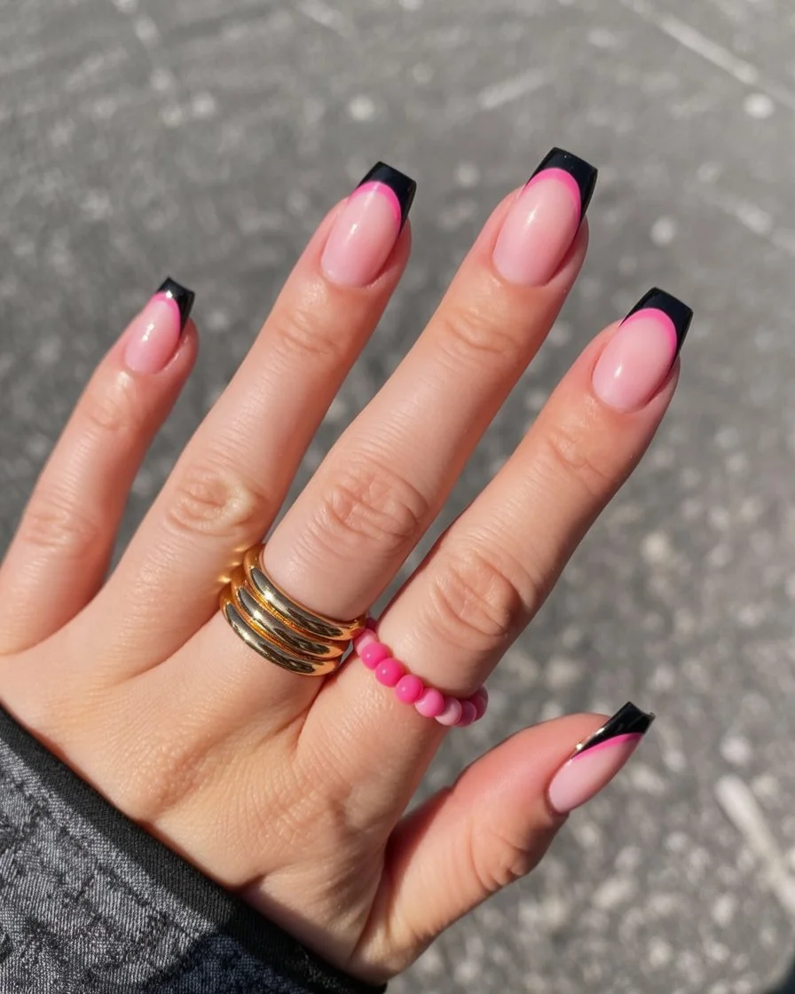 summer french tip nails 2026 Black And Pink French Tips With A Bold Edge