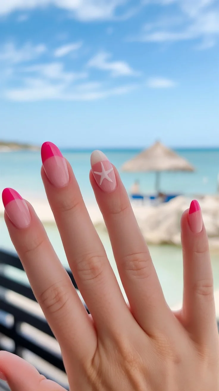 summer french tip nails 2026 Hot Pink Beach French Tips With Coastal Vibes