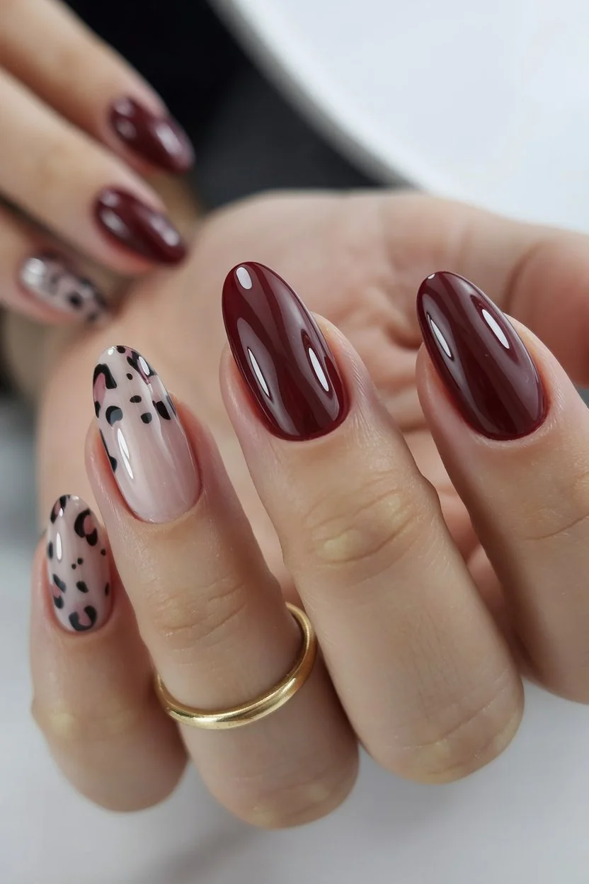summer french tip nails 2026 Burgundy French Nails With Soft Leopard Details