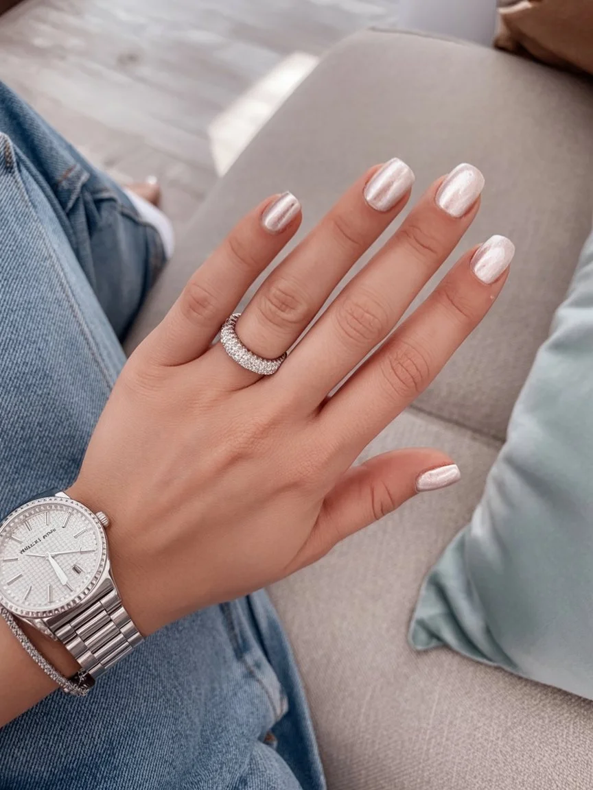 summer french tip nails 2026 Pearl Chrome Nails With Soft Summer Shine