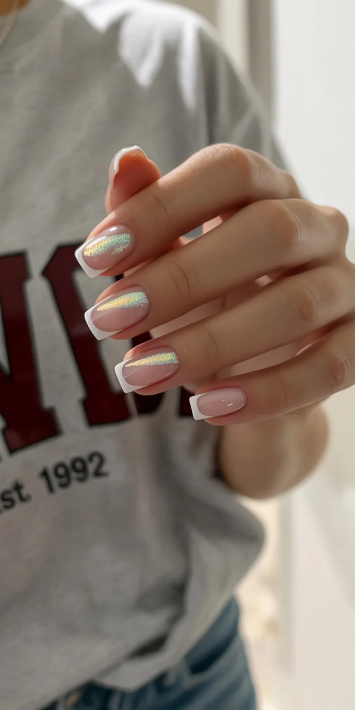summer french tip nails 2026 Holographic French Tips With Clean White Lines