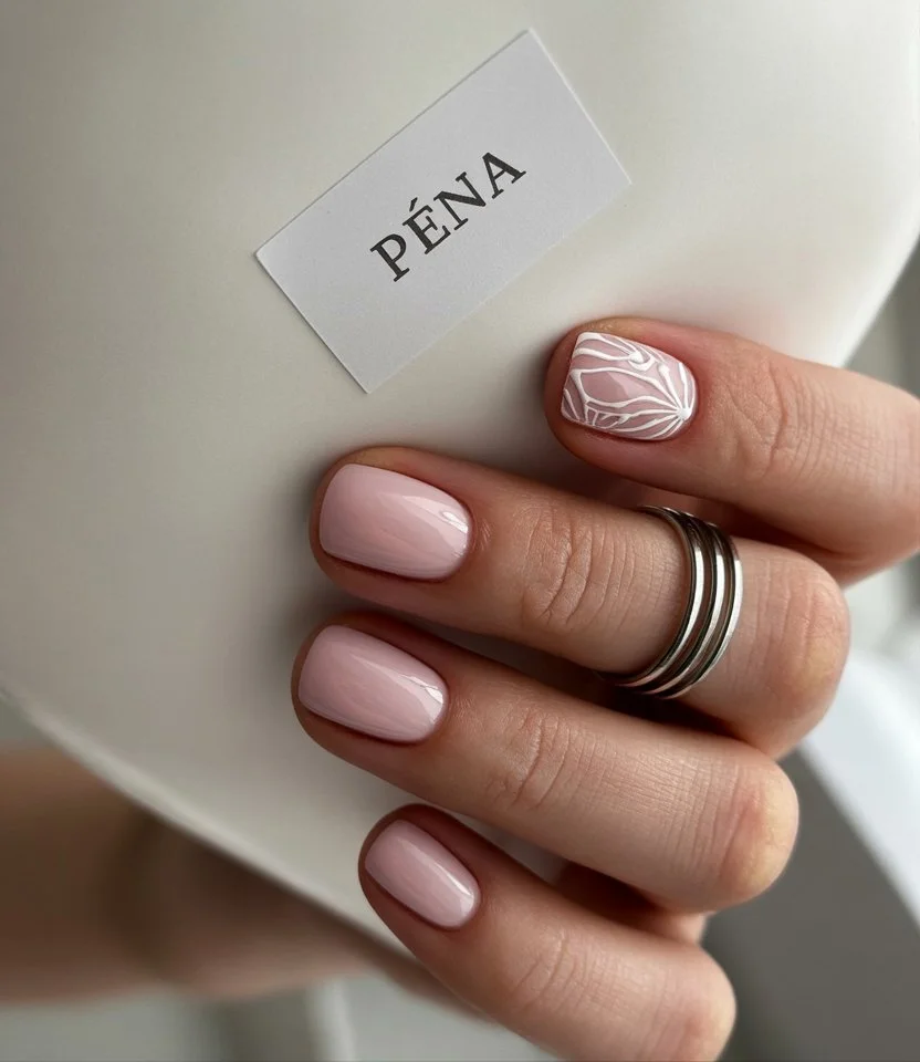 summer gel nails short simple 2026 Soft Blush Nails With Delicate White Botanical Art