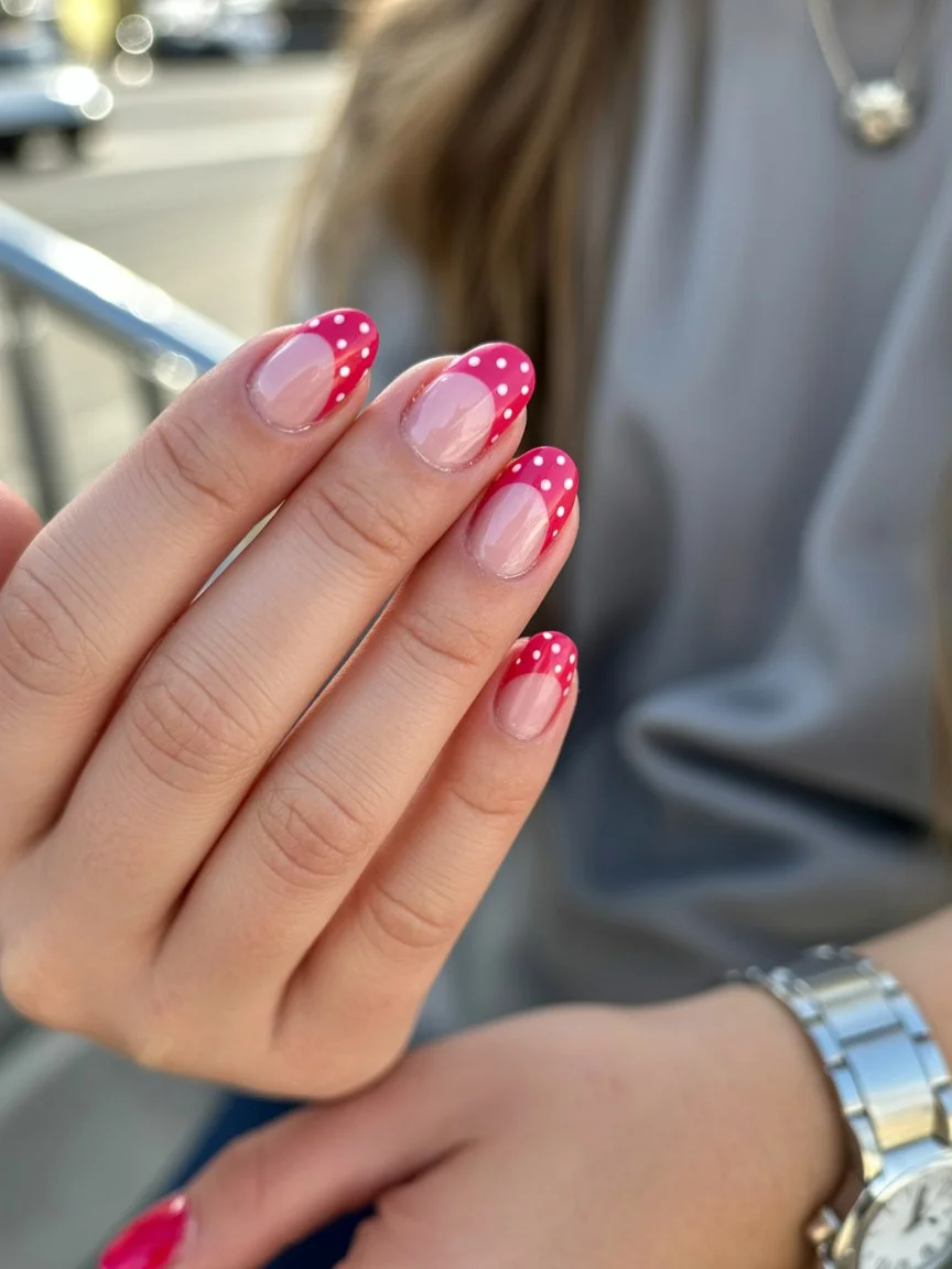 summer gel nails short simple 2026 Cherry Pink French Tips With Retro Polka Dots
