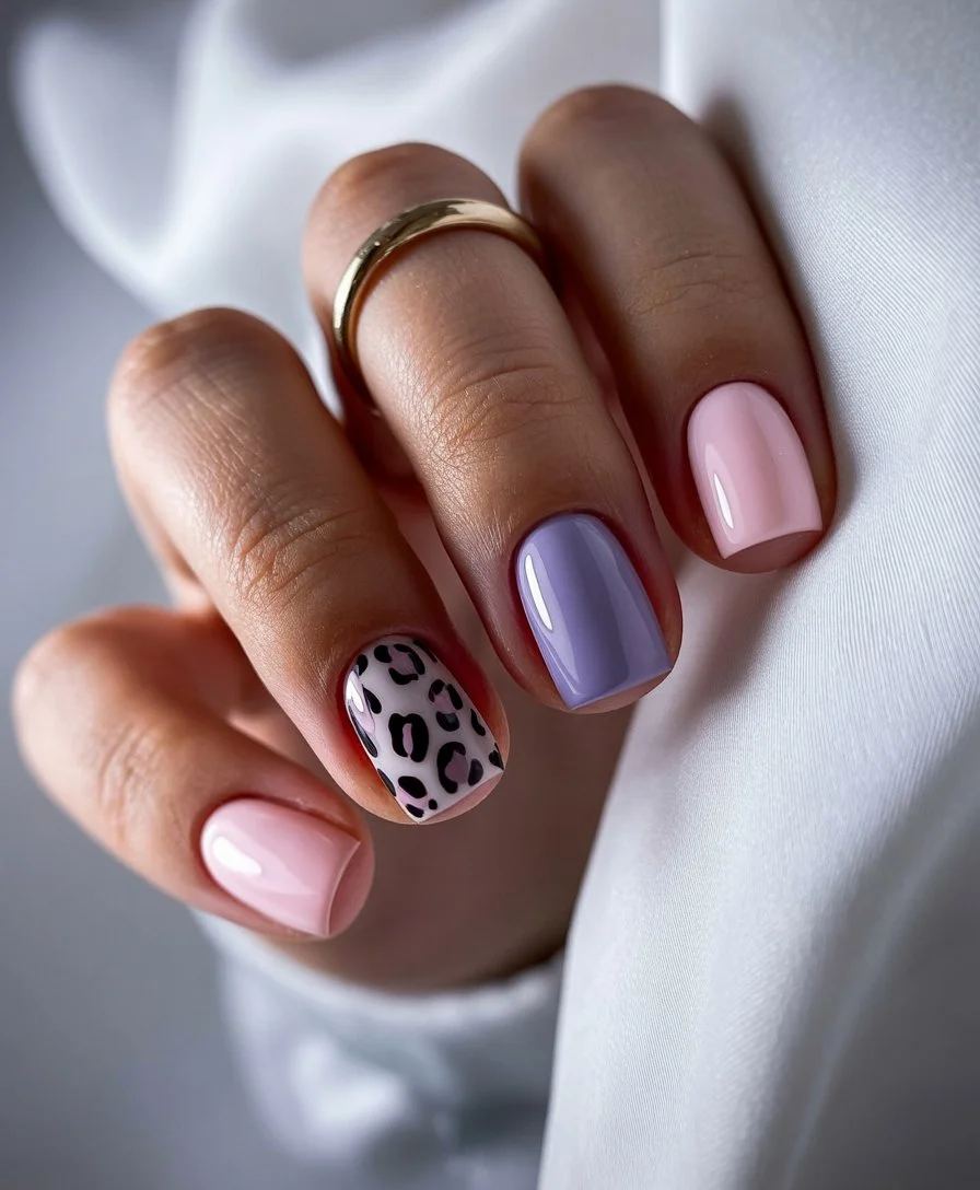 summer gel nails short simple 2026 Soft Lavender And Leopard Nails With A Feminine Edge