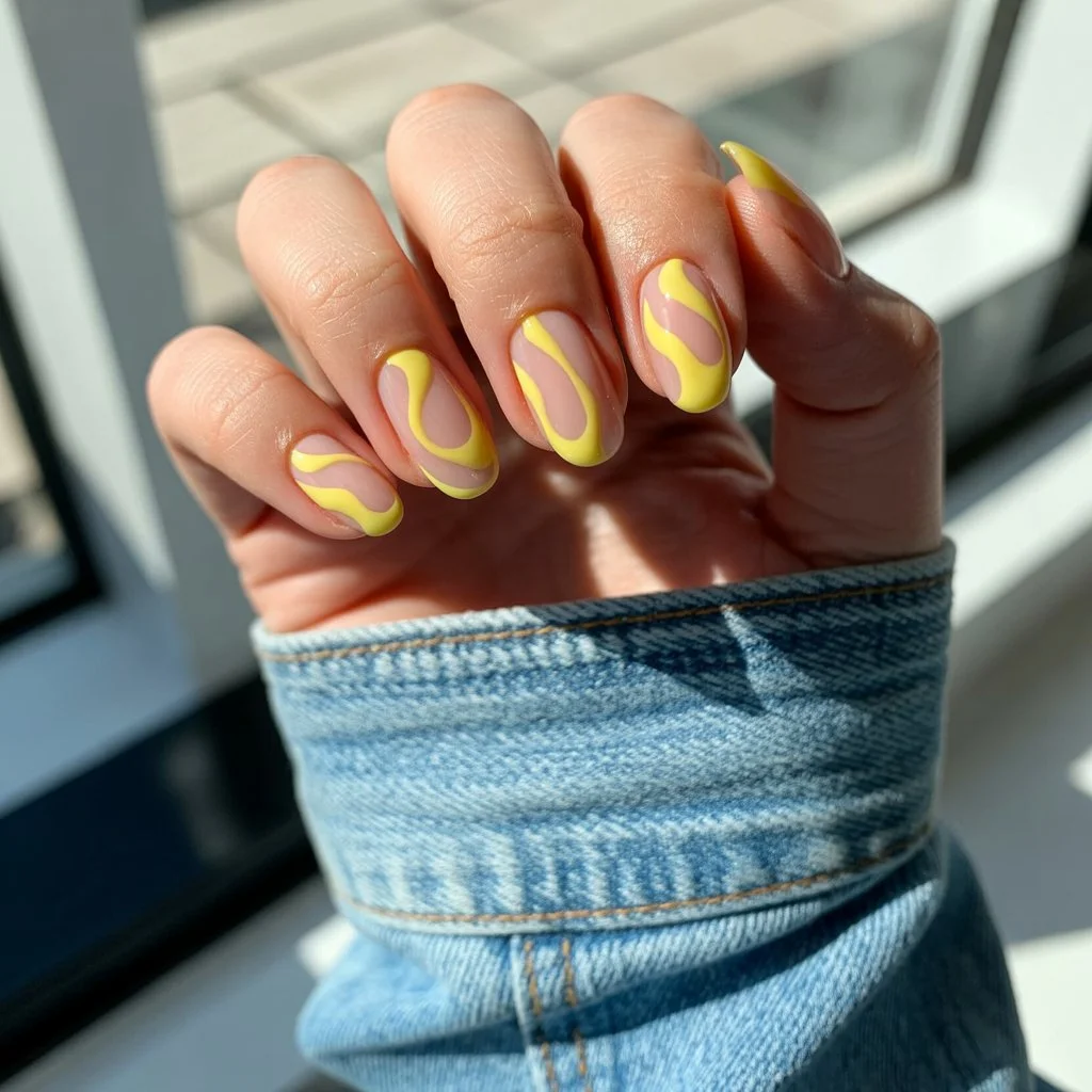 summer gel nails short simple 2026 Sunny Yellow Swirl Nails For Bright Summer Energy