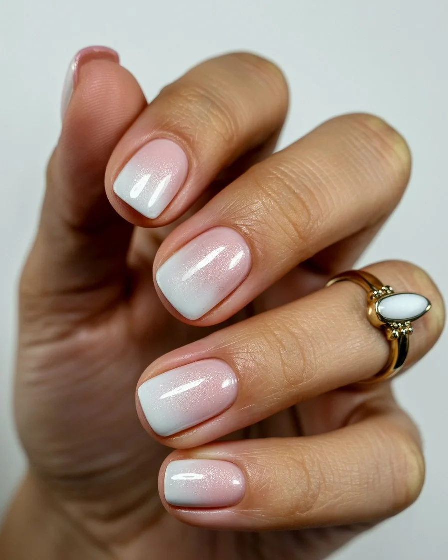summer gel nails short simple 2026 Milky White Ombre Nails With Delicate Shimmer