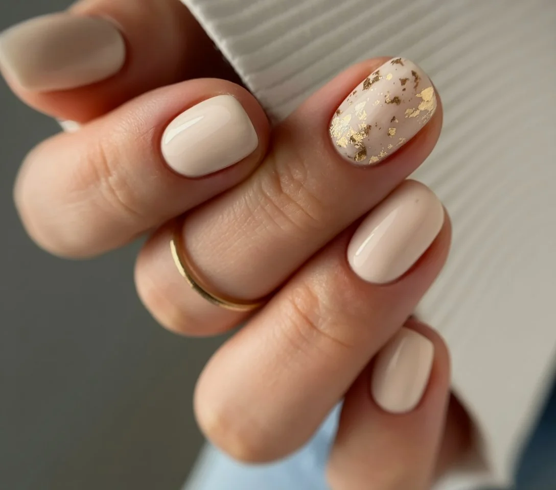 summer gel nails short simple 2026 Minimal Nude Nails With Gold Foil Accents