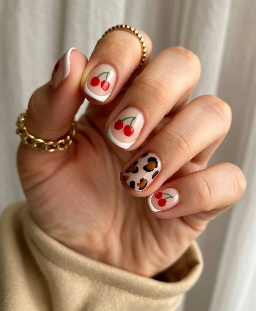 summer gel nails short simple 2026 Cherry French Nails With Playful Animal Print