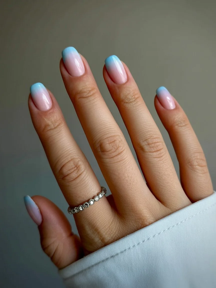 summer gel nails short simple 2026 Baby Blue Ombre Nails With A Cool Airy Glow