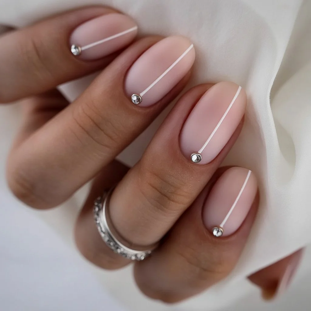summer gel nails short simple 2026 Minimal Blush Nails With Fine White Lines