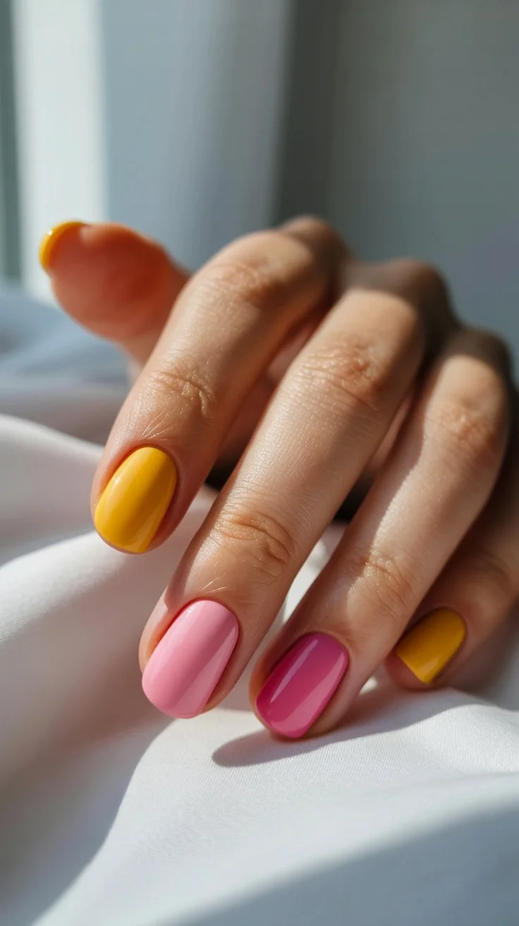 summer gel nails short simple 2026 Sunny Pink And Yellow Nails With Retro Summer Energy
