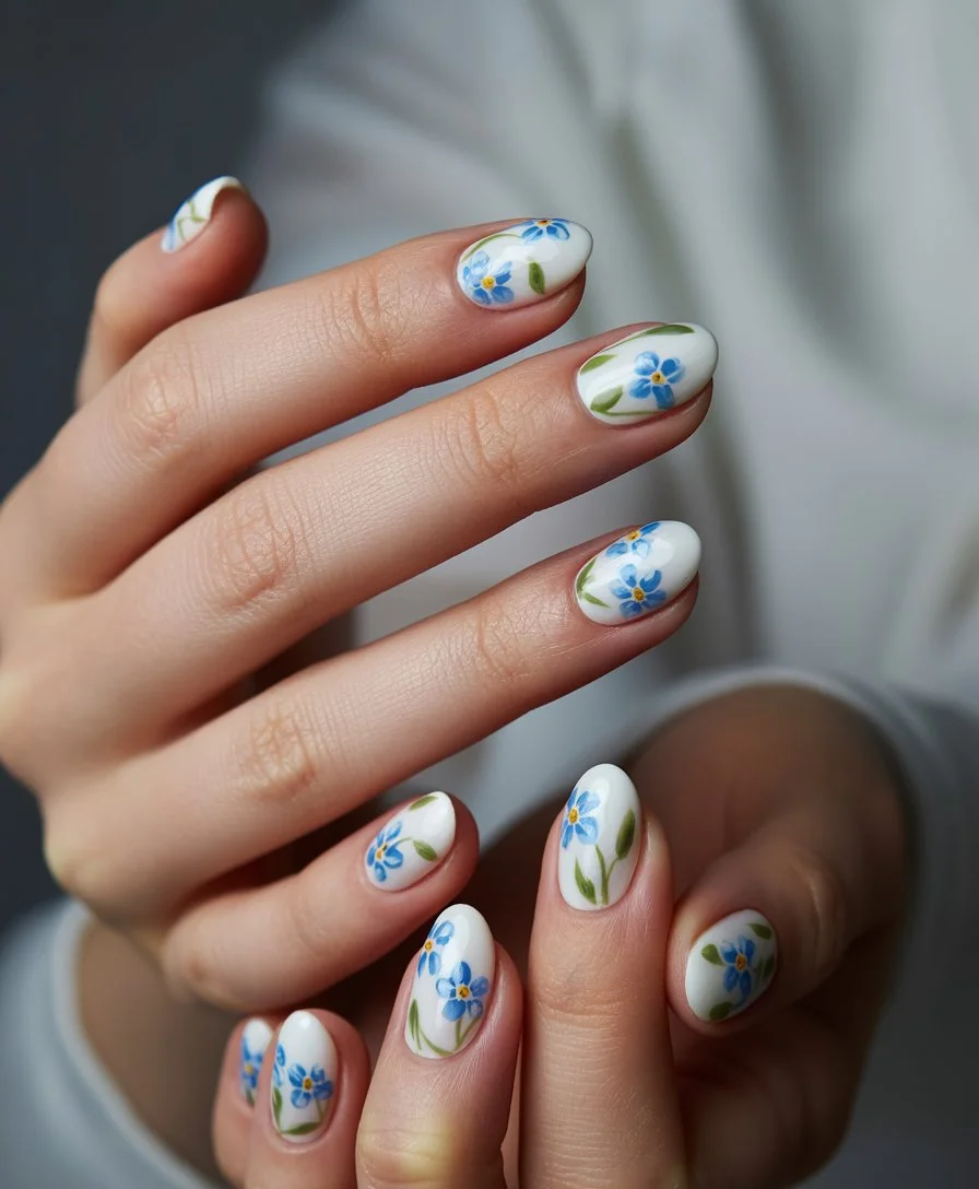 summer gel nails short simple 2026 Blue Floral Nails With Cottage Garden Charm