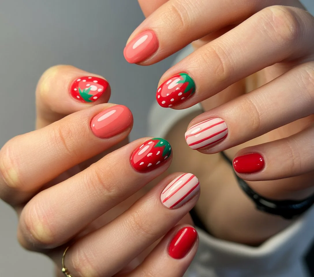 summer gel nails short simple 2026 Playful Strawberry Nails With Sweet Retro Energy