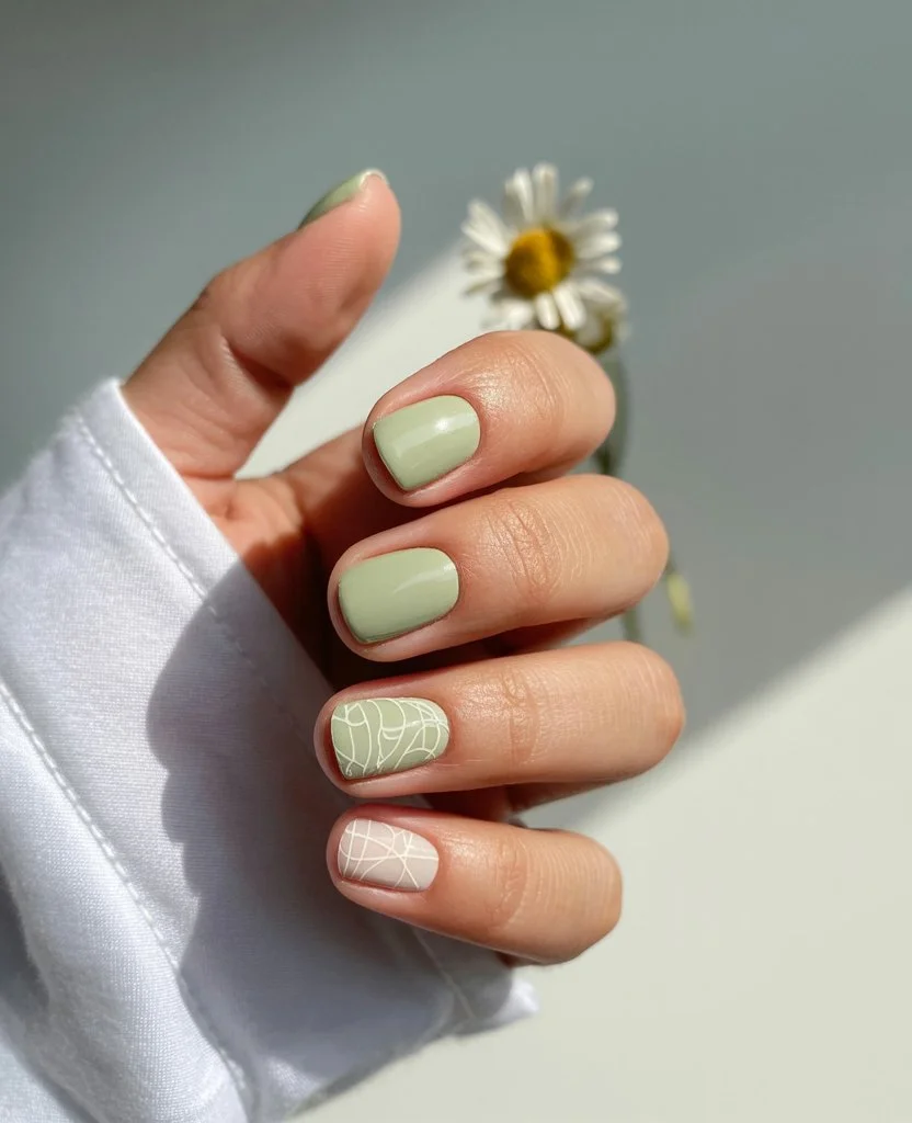 summer gel nails short simple 2026 Minimal Sage Green Nails With Modern Line Art