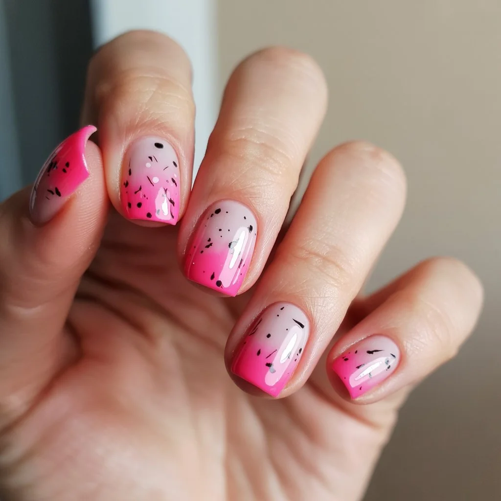 summer gel nails short simple 2026 Hot Pink Fade Nails With Playful Speckled Details