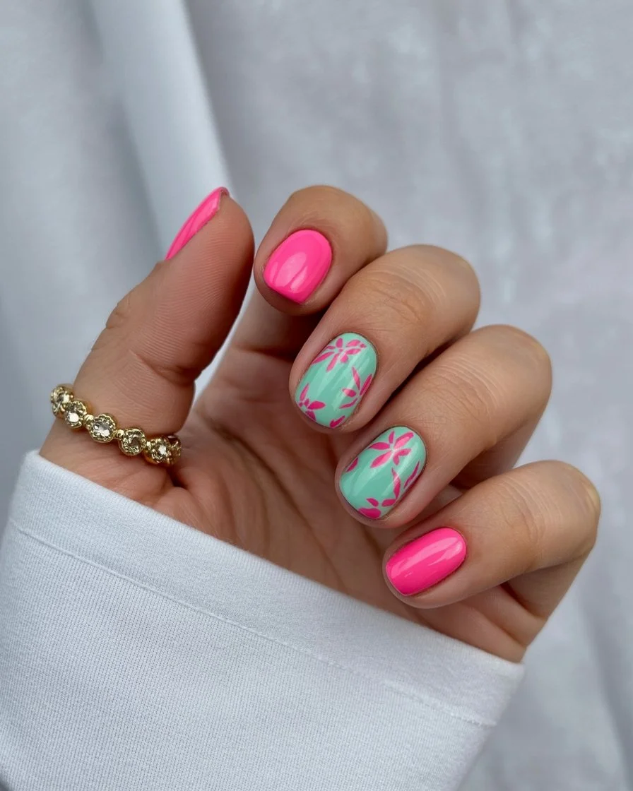 summer manicure color ideas 2026 Hot Pink And Mint Flowers For Vacation Mood Energy