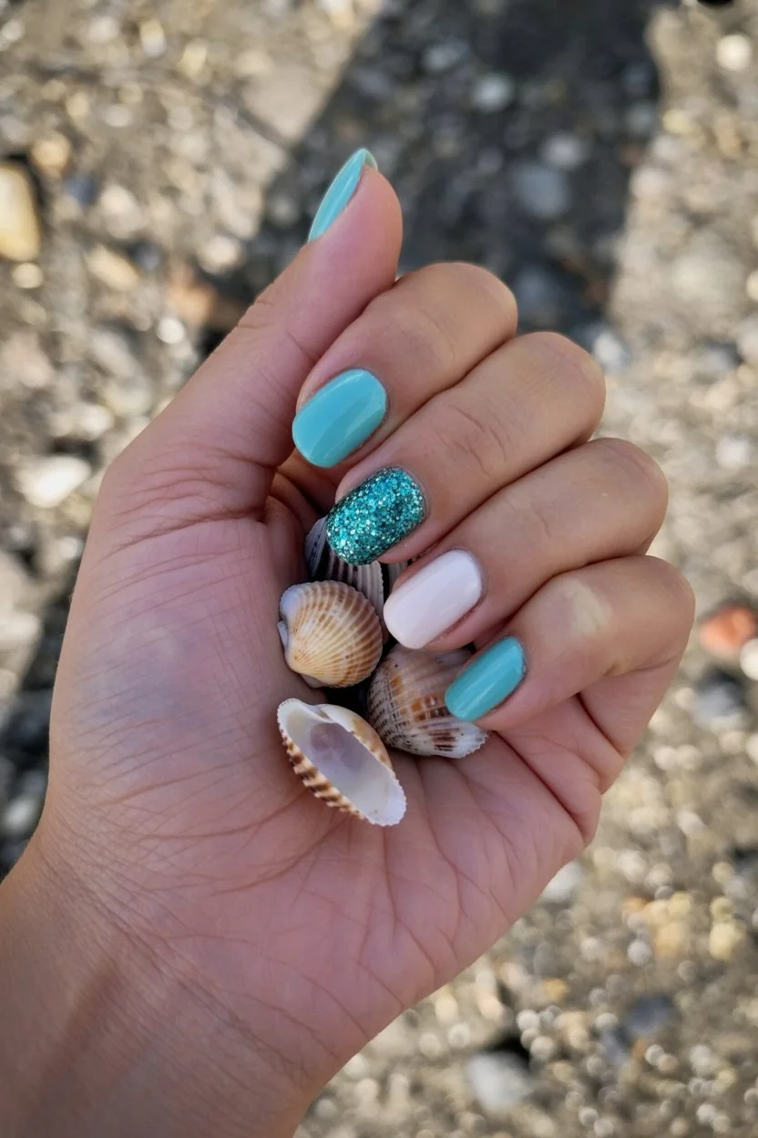 summer manicure color ideas 2026 Sea Glass Turquoise With Beach Day Sparkle