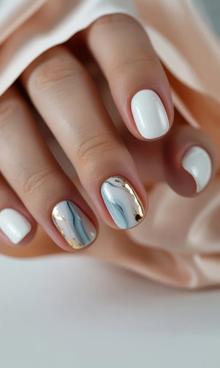 summer manicure color ideas 2026 Soft Marble White With Golden Summer Light