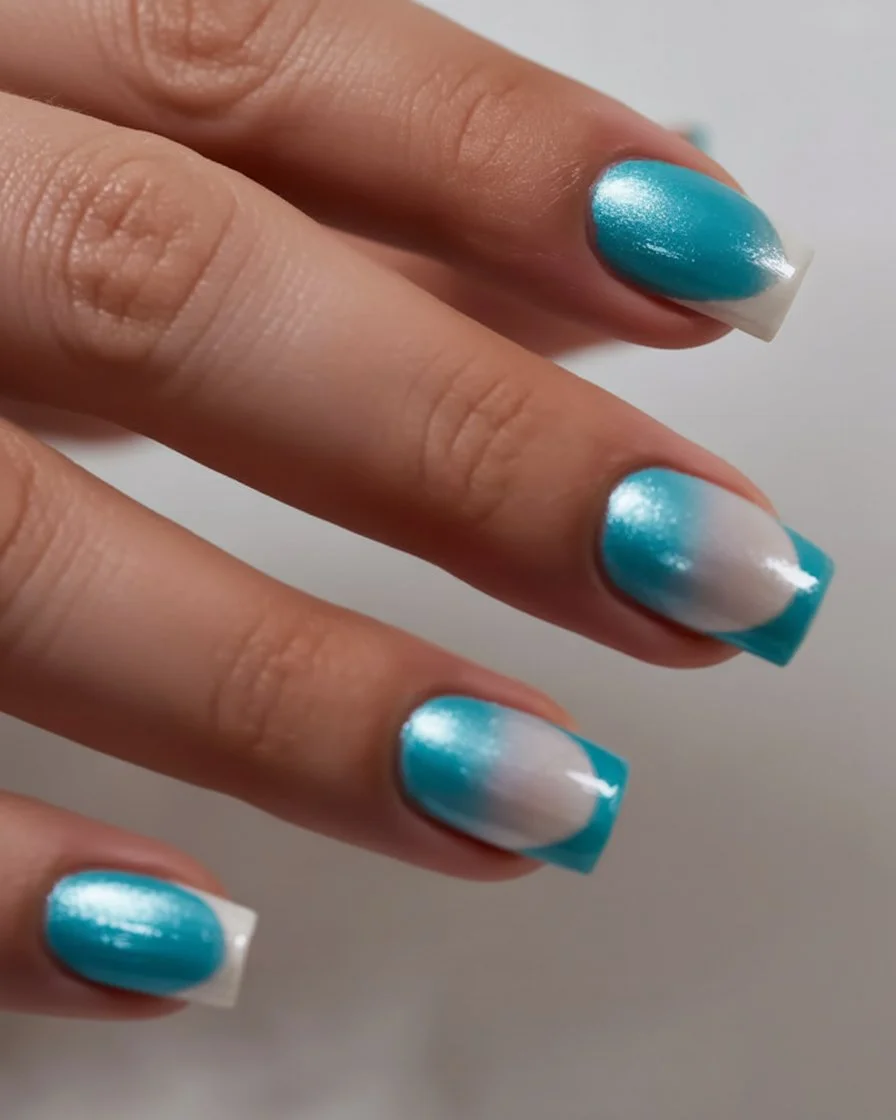 summer manicure color ideas 2026 Blue Ombre French Tips With Poolside Glow