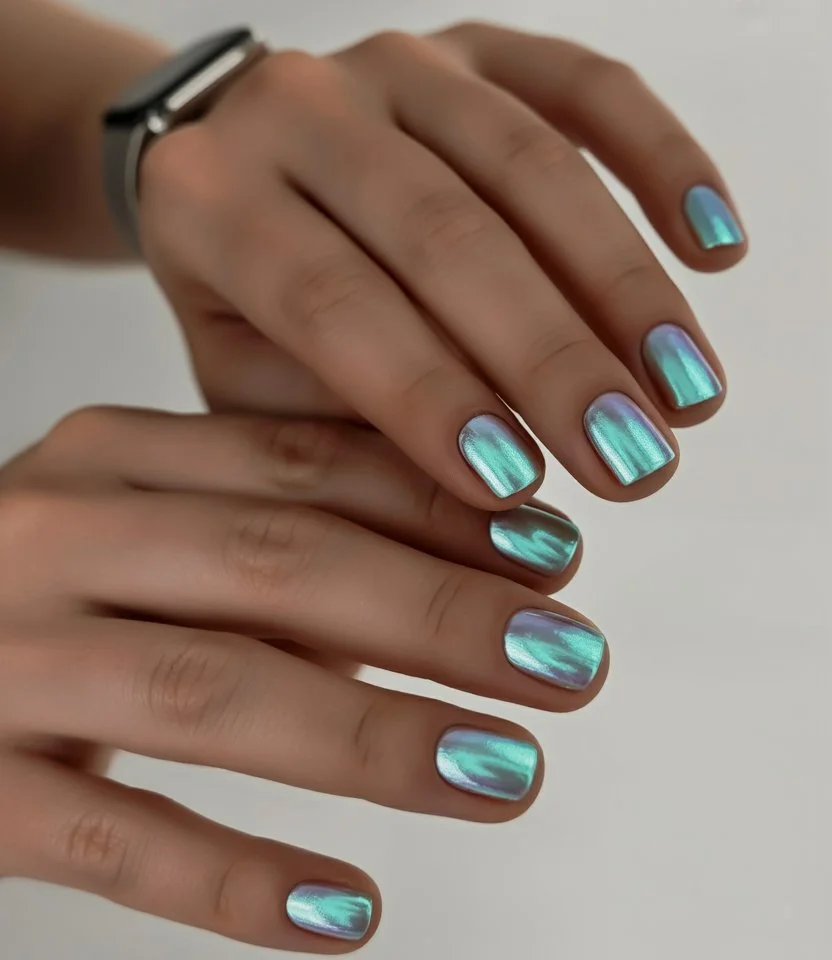 summer manicure color ideas 2026 Mermaid Chrome That Looks Like Water Under Sunlight