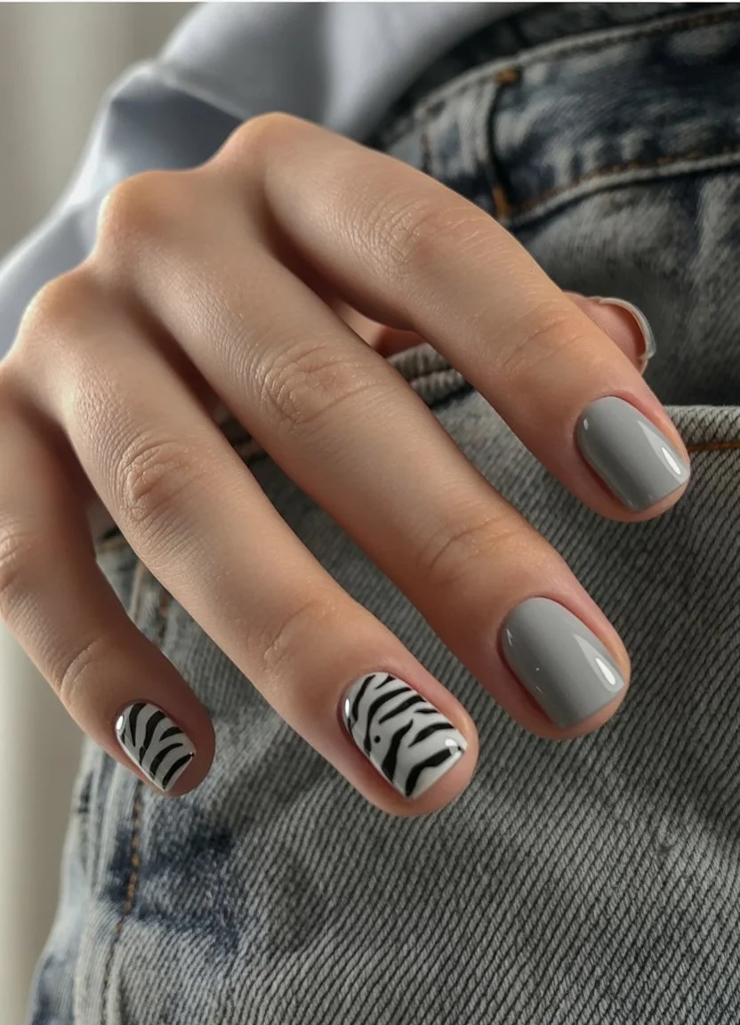 summer manicure color ideas 2026 Cool Gray With Zebra Details That Feel Unexpected