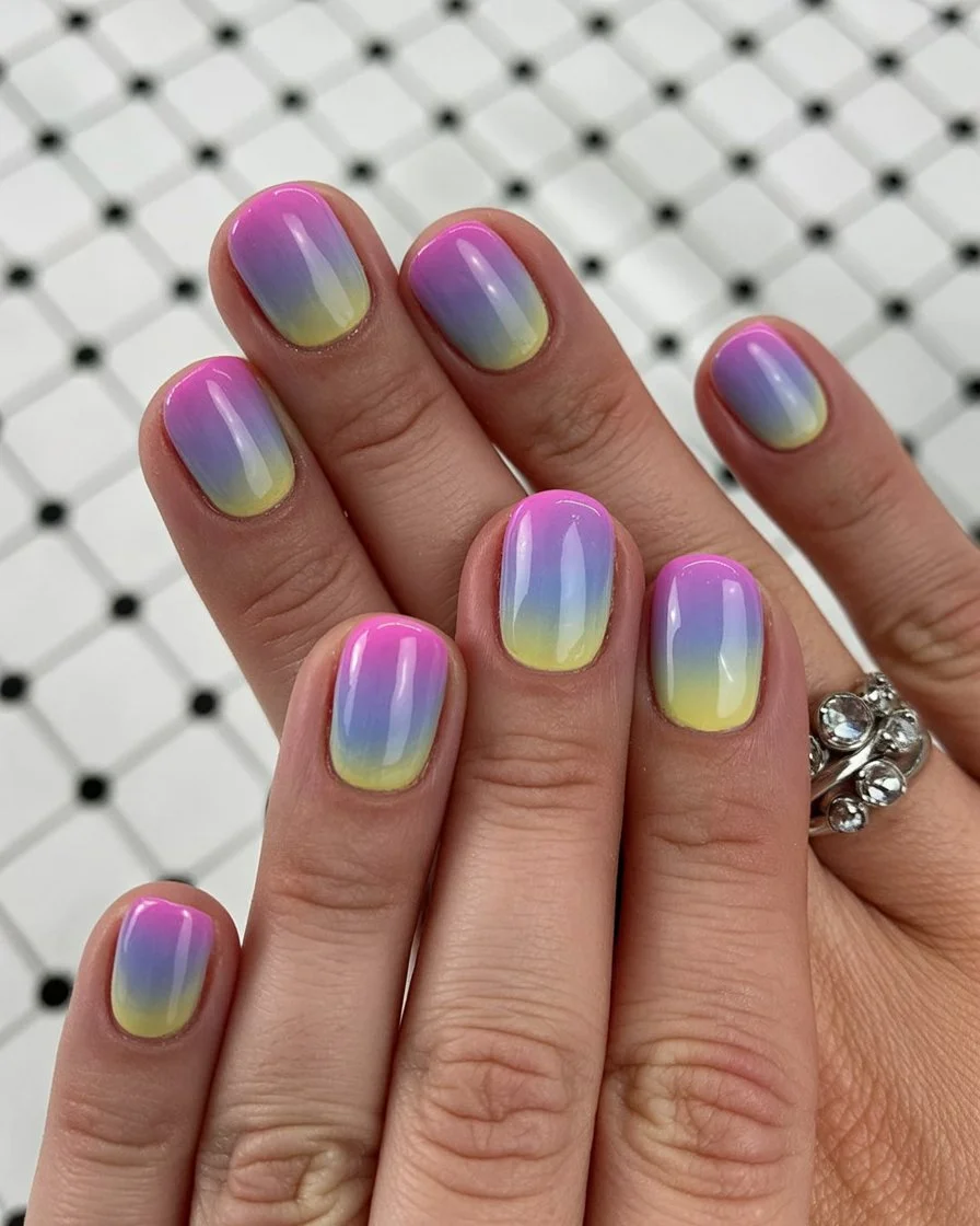summer nail art 2026 Rainbow Aura Nails with Soft Sunset Colors