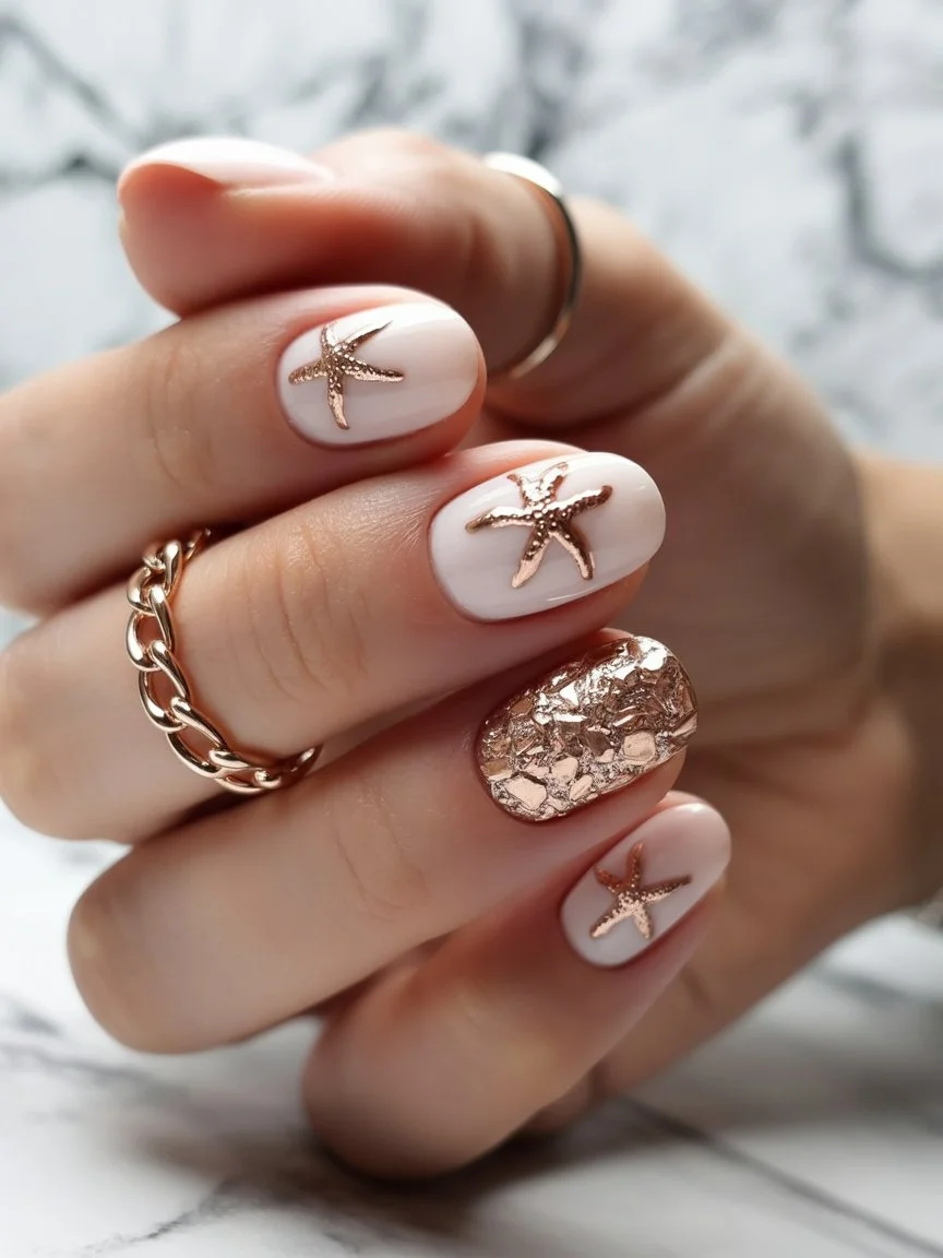 summer nail art 2026 Rose Gold Starfish Nails with Coastal Glam