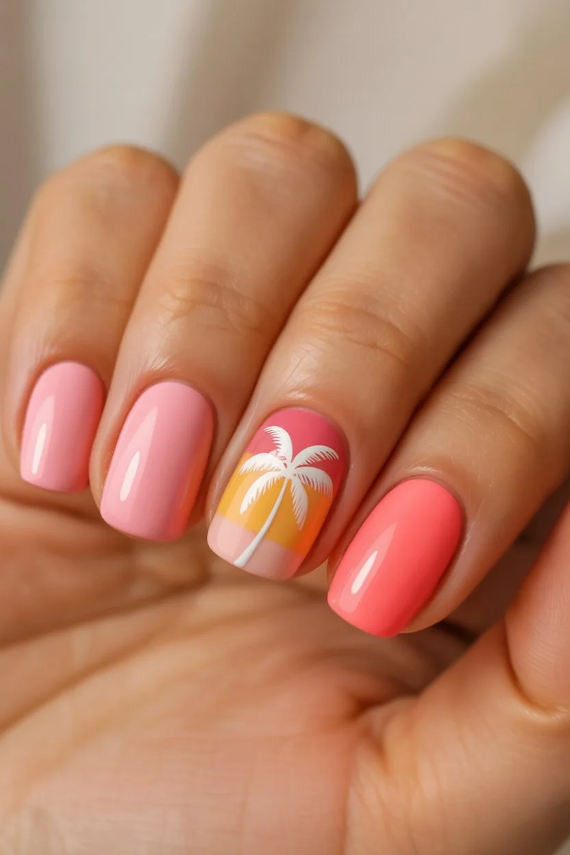 summer nail art 2026 Tropical Sunset Palm Nails for Vacation State of Mind