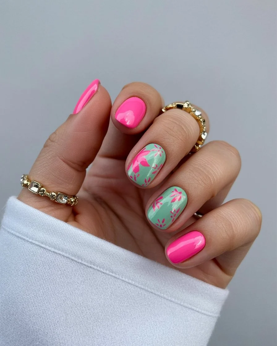 summer nail art 2026 Tropical Pink Botanical Nails with Vacation Energy