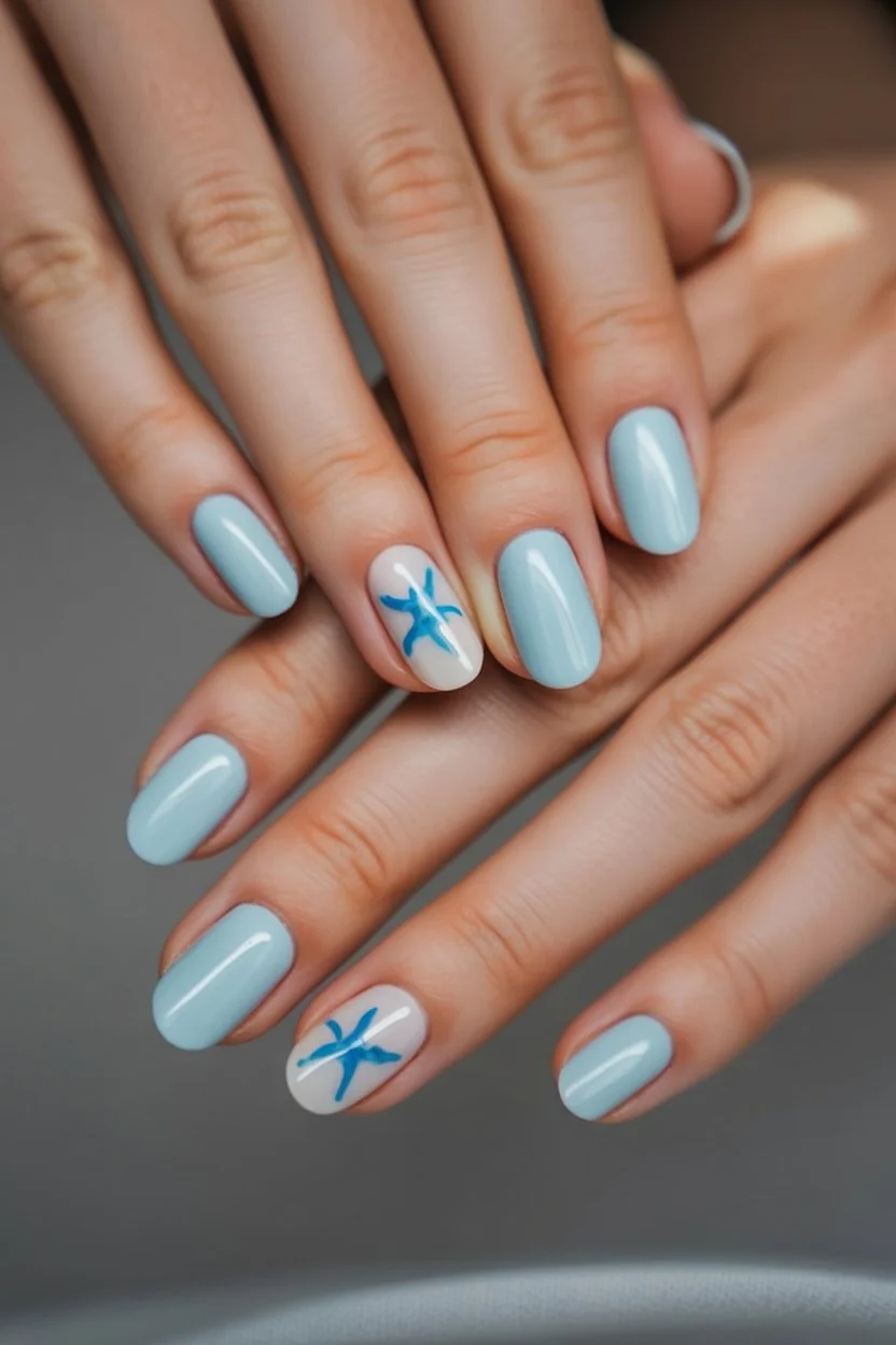 summer nail art 2026 Powder Blue Starfish Nails with Coastal Calm