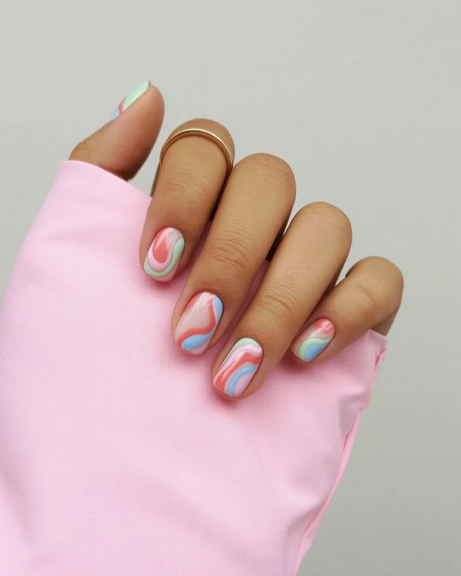 summer nail art 2026 Pastel Swirl Nails with Soft Retro Mood