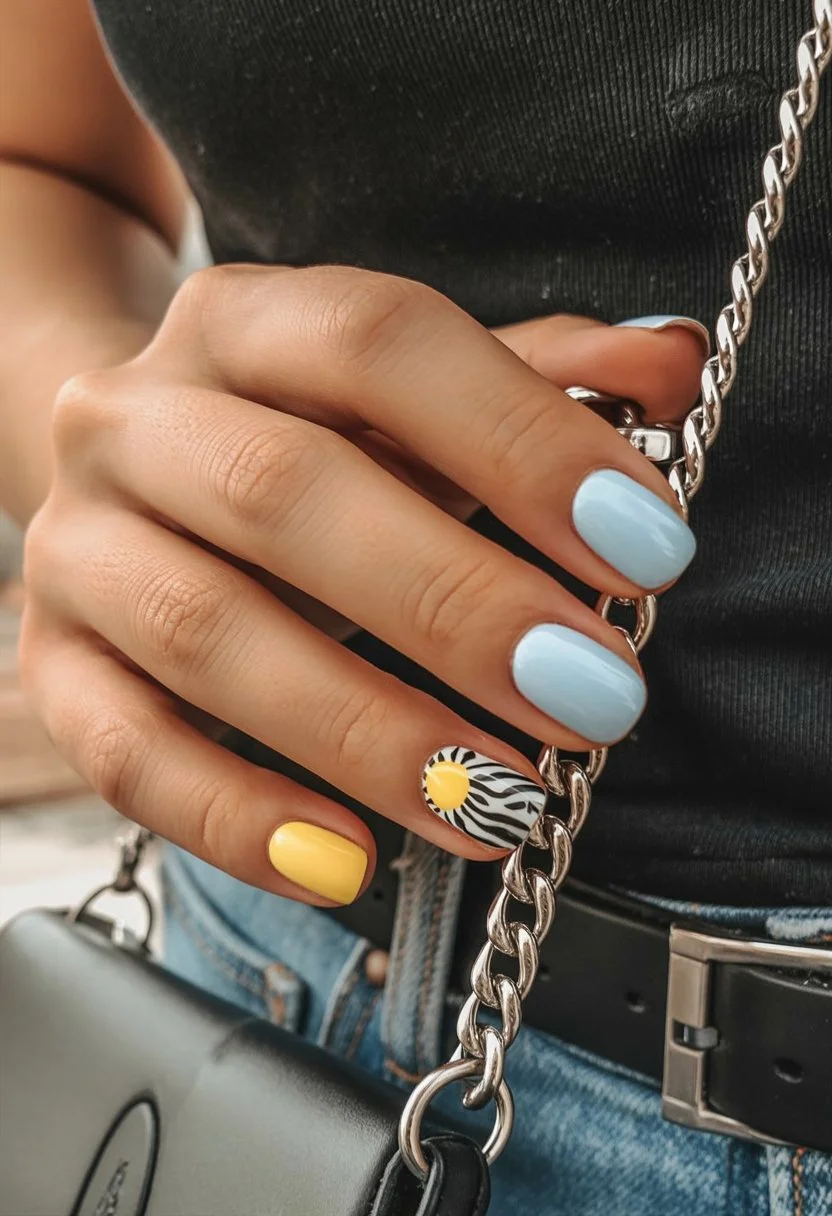 summer nail art 2026 Sunny Blue Daisy Nails with Playful Color Blocking