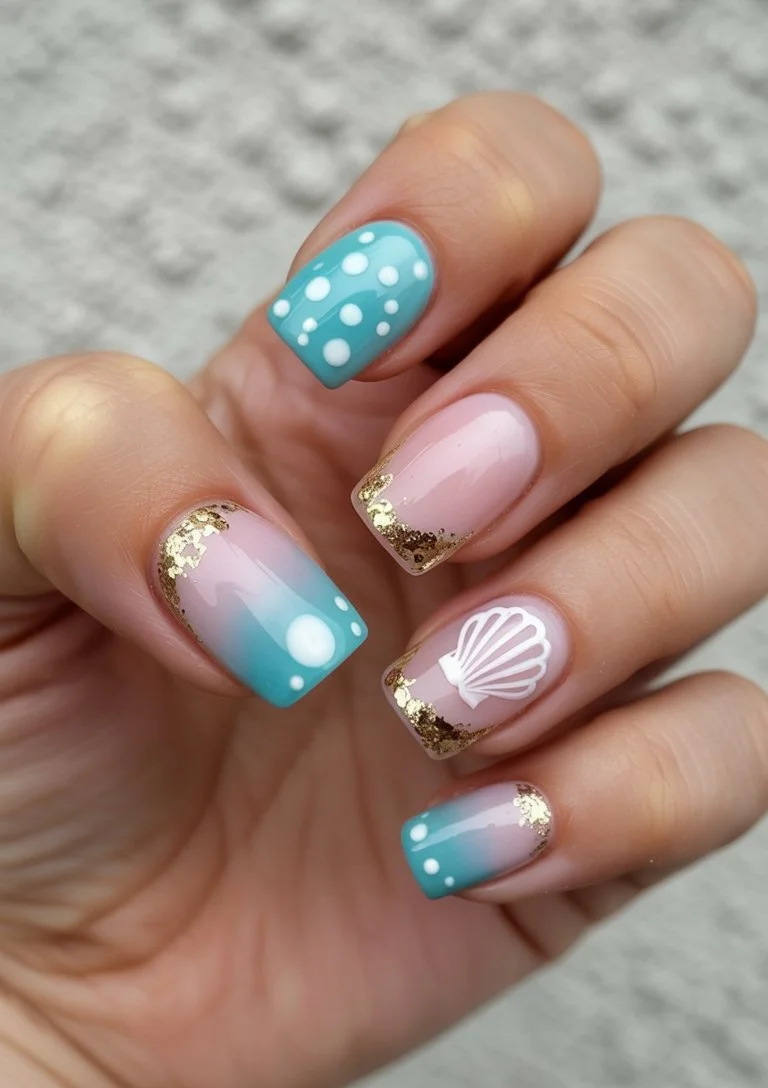 summer nail art 2026 Mermaid Coast Nails with Seafoam Blues and Gold Touches