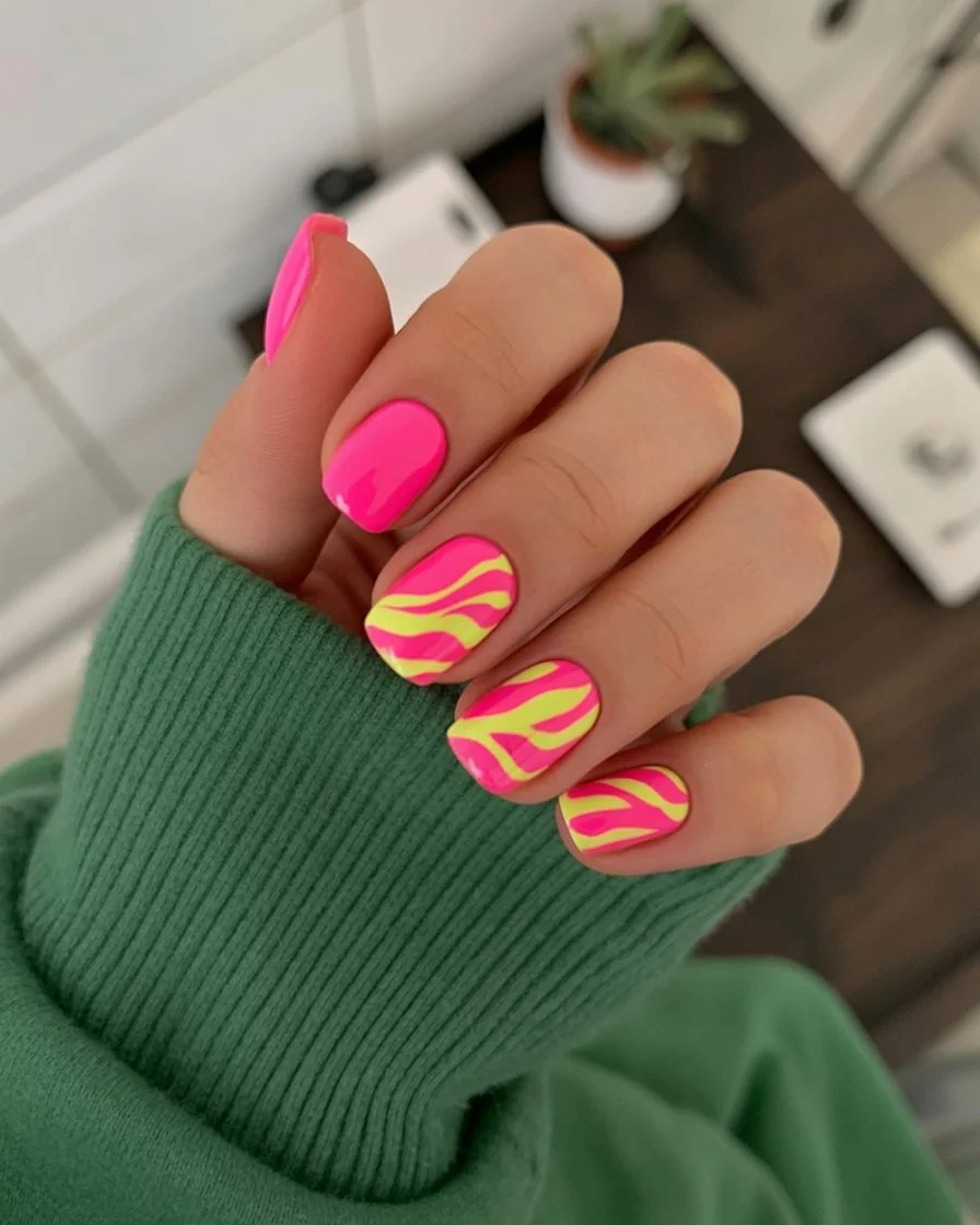 summer nail art 2026 Hot Pink Swirl Nails with Funky Retro Mood