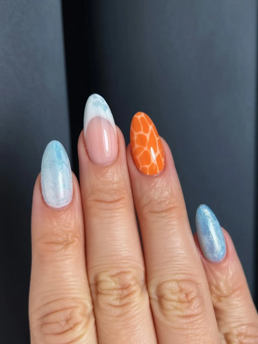 Summer nail art ideas 2026 Ocean Ice And Sunset Orange Mixed Together