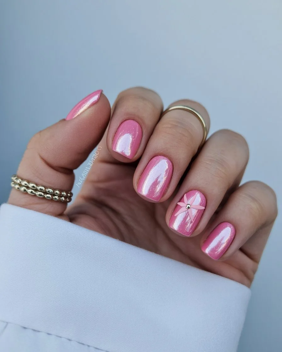 Summer nail art ideas 2026 Glossy Pink Nails With Tiny Summer Sparkle Energy
