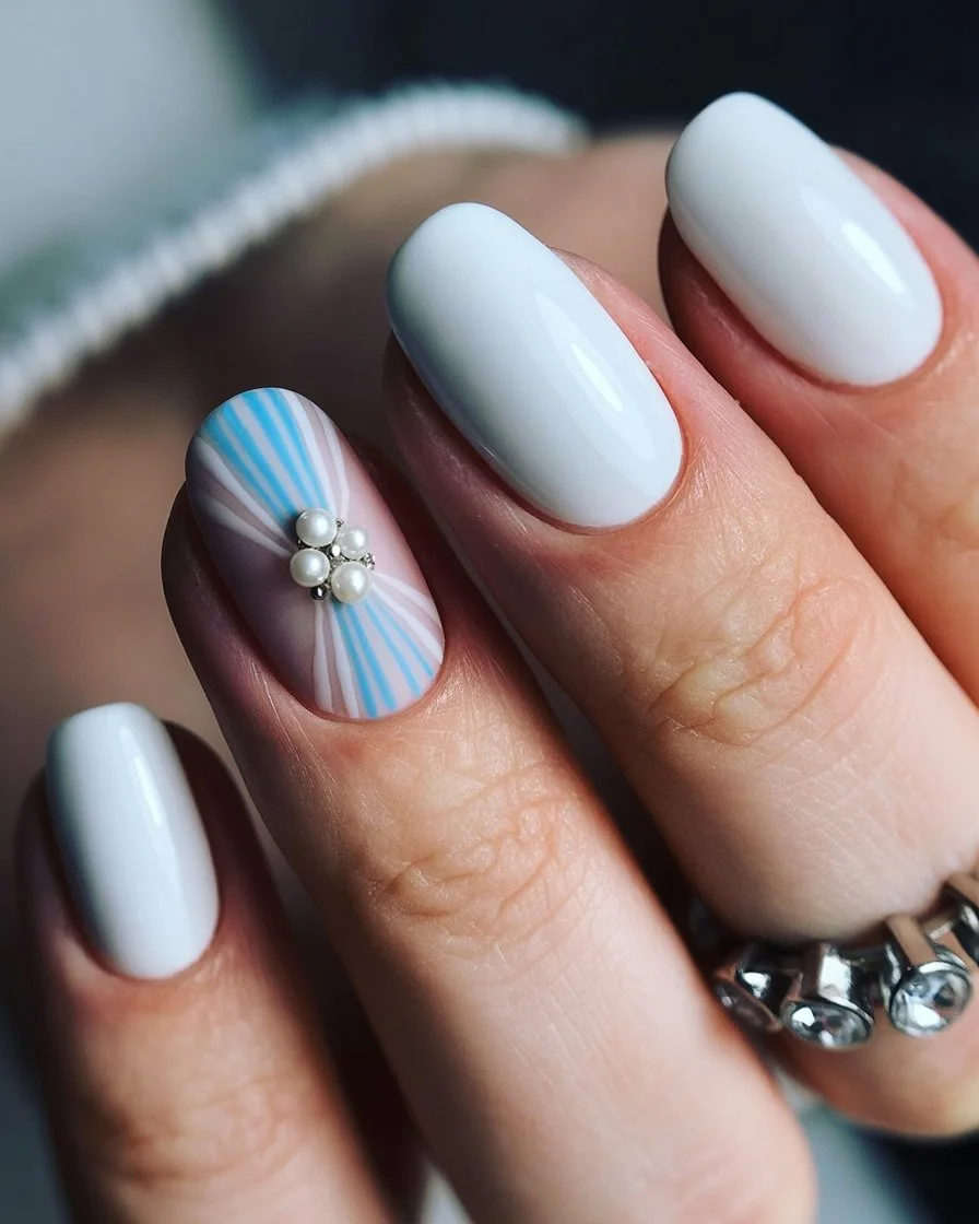 Summer nail art ideas 2026 Clean Blue Lines With Pearls And Minimal Summer Style
