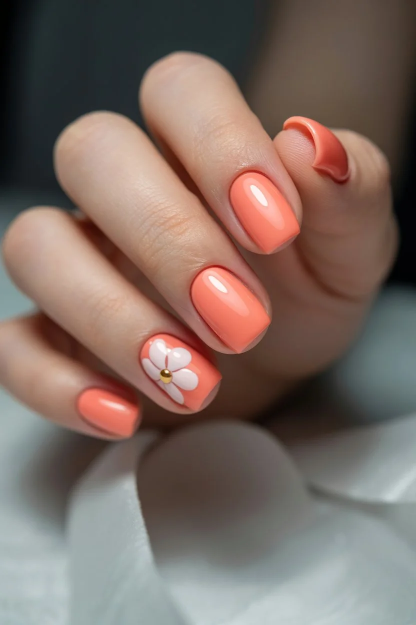 Summer nail art ideas 2026 Peach Flower Nails For Sunny Weekend Mood