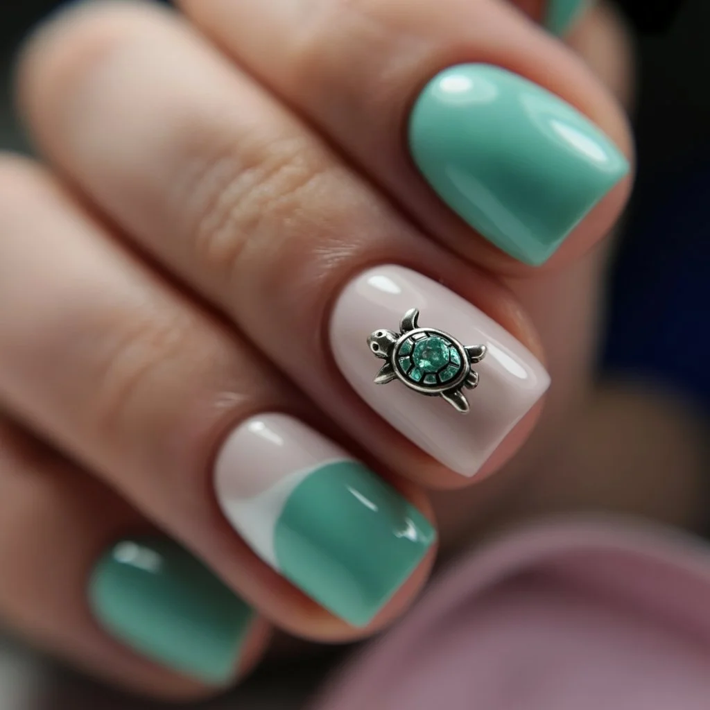 Summer nail art ideas 2026 Mint Turtle Nails For Quiet Coastal Days