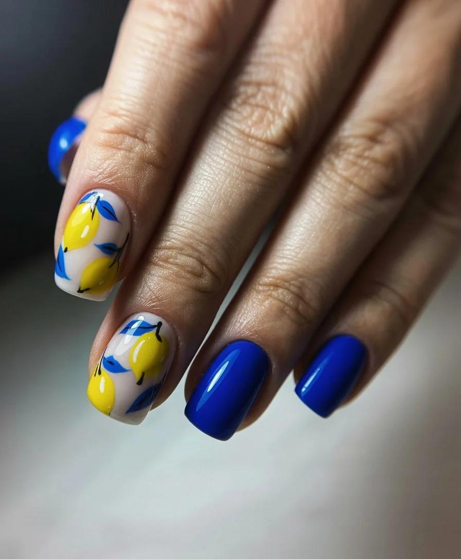 Summer nail art ideas 2026 Bright Lemon And Blue Nails For European Summer Mood