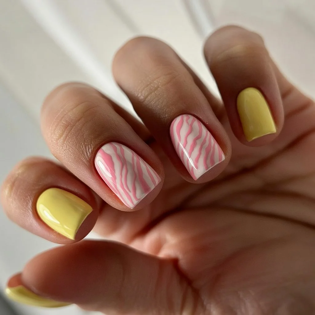 Summer nail art ideas 2026 Soft Lemon And Pink Waves For Playful Short Nails