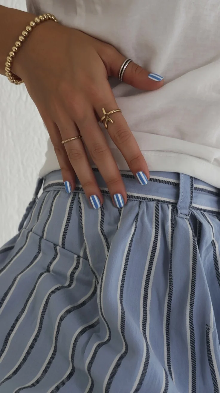 summer nail colors 2026 Blue Coastal Stripes for Vacation Daydreams