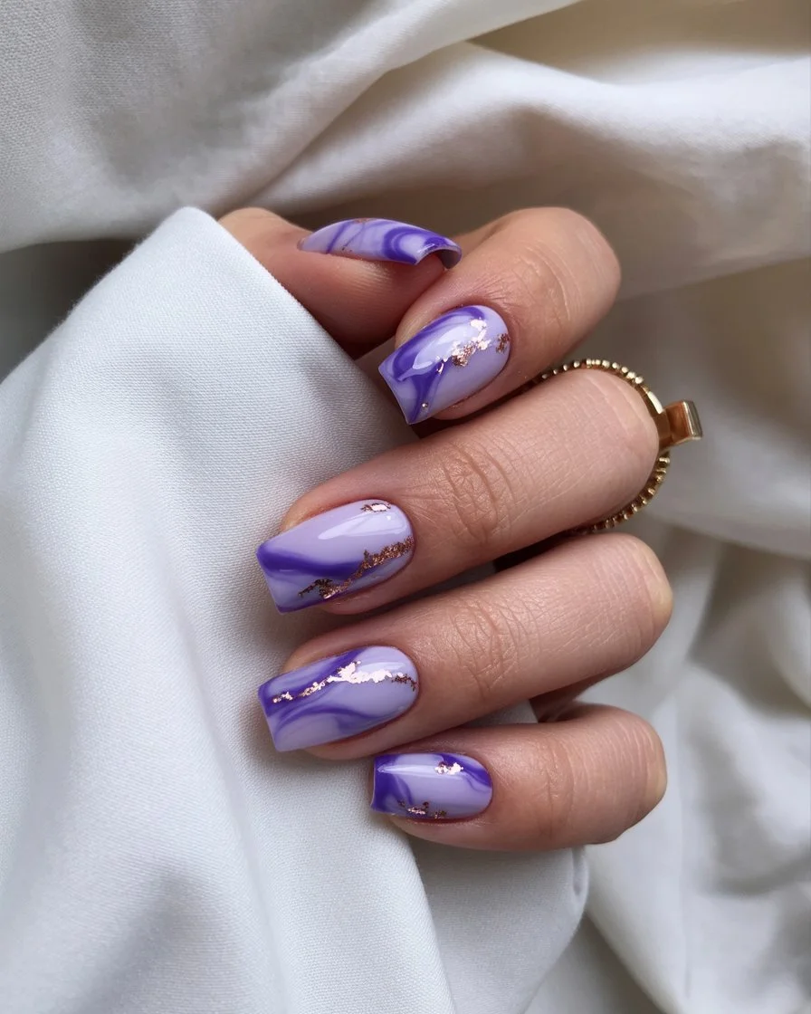 summer nail colors 2026 Lavender Marble Nails with Gold Summer Details