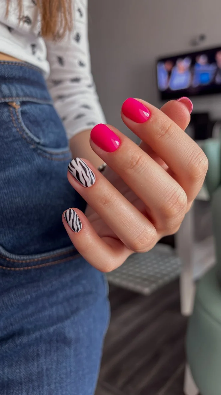 summer nail colors 2026 Hot Pink Zebra Mood for Girls Who Want Main Character Energy