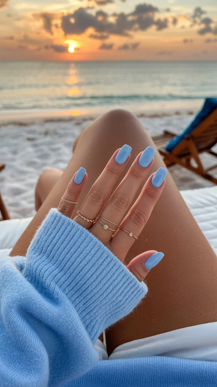 summer nail colours 2026 Pastel Blue Beach Nails With Vacation Girl Energy